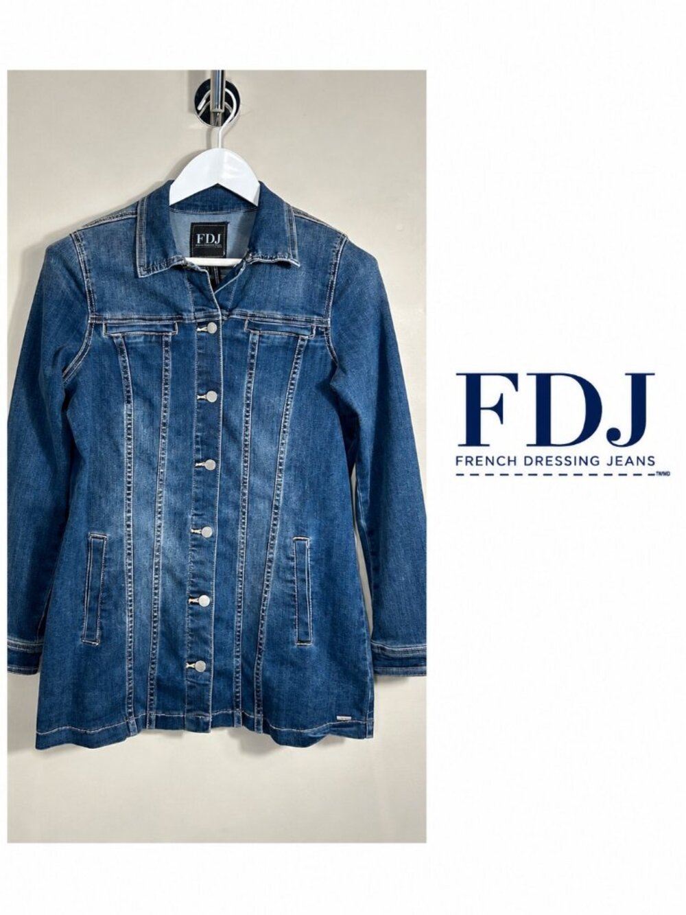 FDJ French Dressing Jeans Denim Jacket Size S Made in Canada Vintage Y2K Longlin